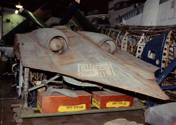 The striking effluxes and trailing edge of the Horten Ho.229 flying wing fighter, preserved by the NASM in Washington DC. While some consider this an early stealth fighter, I suspect it was just slippery and had a low radar signature as a result. (NASM photo, via wikipedia)