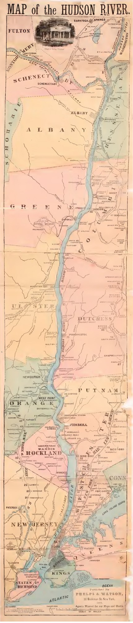 1868 strip map of the Hudson River Valley