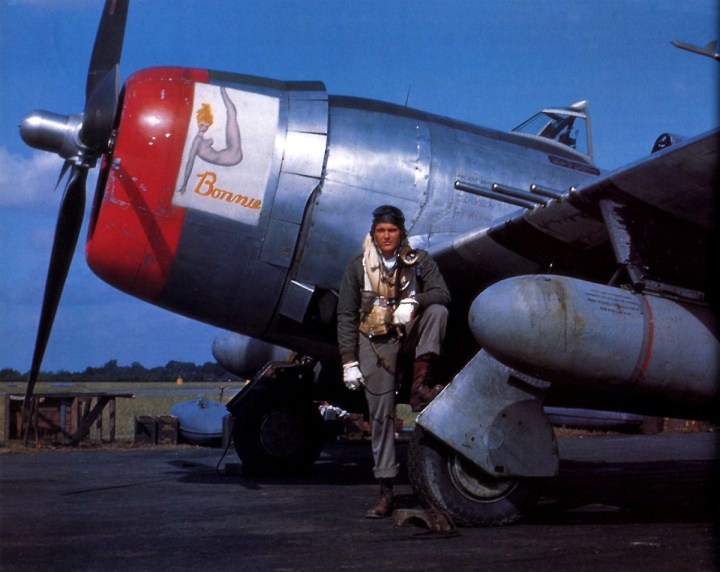 'Fighter Pilot' page 210, a 56th FG, 8th AF pilot with his P-47 Thunderbolt.