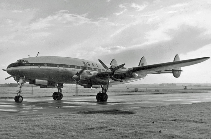 Lockheed C-69C (L-049) Constellation G-AKCE of BOAC arriving at Heathrow North on September 12th, 1954. This aircraft was BOAC's only Connie that was converted from a completed military C69, built at Burbank for the USAAC in 1944. Photo by RuthAS, via wikipedia