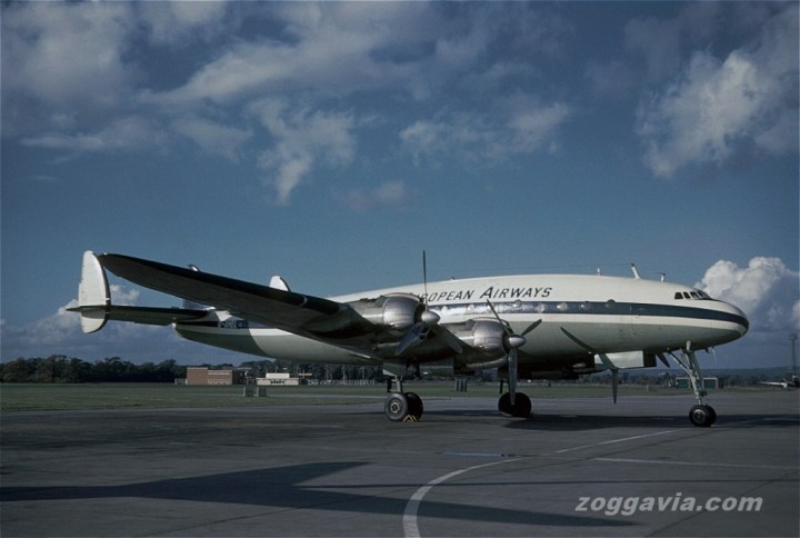 Repainted in familiar blue and white, and even re-registered G-AHEL, our Constellation joins Trans-European for more charter work. (Zoggavia.com)