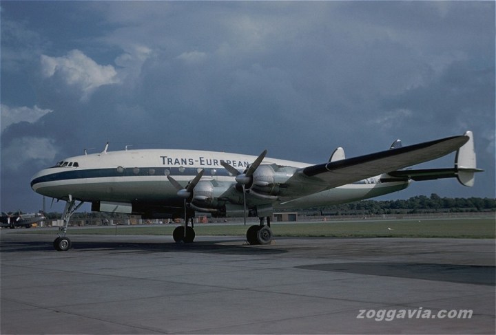 Another shot of G-AHEL in Trans-European colours, this time at London Gatwick in August 1961. Compare the boxy Avro York in the background. (Zoggavia.com)
