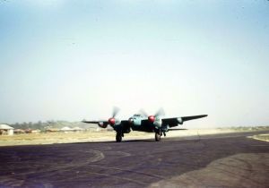 Tail up, everything else down. A PR (Photo Recon) Mark.XVI lands at  Alipore, India during World War 2. Despite being very rugged, heat and humidity in the CBI and SWAPO theatres was very hard on with the Mosquito's wood and glue. (Jack D. Canary Special Collection, SDASM)