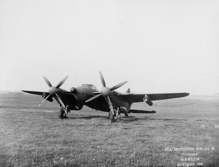 Another view of the Sea Mosquito prototype with its wings out and the four-bladed props in plain view. Outwardly, little else is different, apart from the missing 303s and the radome. (IWM ATP15206B)