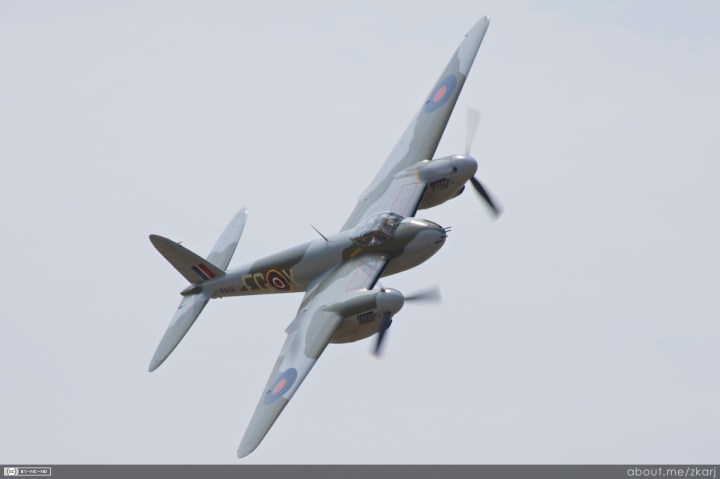 KA114 comes around during the 2013 WIngs over Wairarapa show. The DH98 was especially agile at altitude. Once, in a fight at 40,000 feet, a pursuing Me109 once stalled and fell more than 10,000 feet while trying to turn inside a high flying Mosquito, (Courtesy of Allister Jenks)