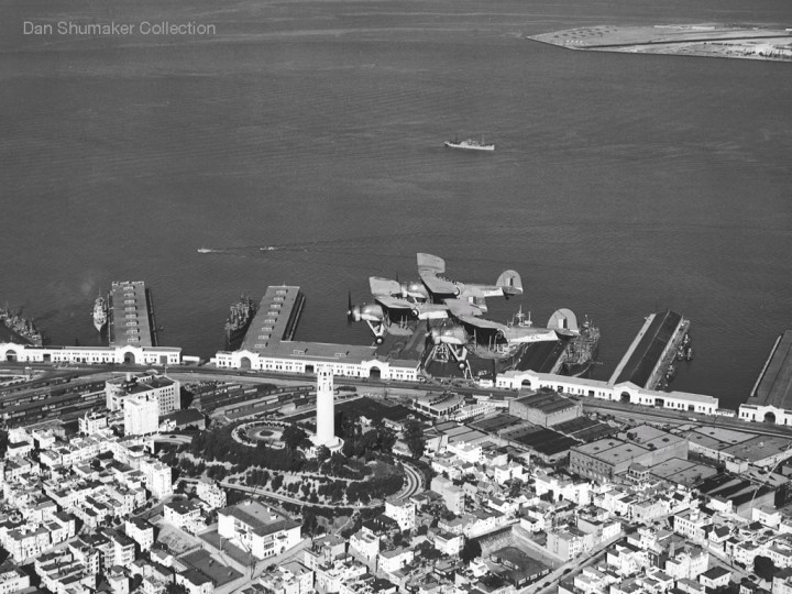 838 Squadron's 2C, 2F and 2B over Coit Tower and the Embarcadero, San Francisco. The runway in the background is the wartime Naval Auxilliary Air Facility on Treasure Island. (Dan Shumaker Collection)