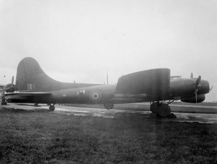 Fortress Mark III, HB796, at Prestwick in Scotland, after having early ECM equipment fitted. The aircraft served with 214 Squadron RAF, and failed to return from a bomber support mission on February 9th, 1945. (IWM ATP 13090E)