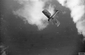 The U-Boat view? Actually, a Swordfish circling over the destroyer HMS Kelvin before landing aboard HMS Ark Royal, during Mediterranean convoy duty in November 1940. (IWM A 2362)