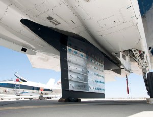 Aerion's research equipment on #836's centreline – basically a test airfoil section with probes to measure the extent and robustness of the natural laminar flow at supersonic speeds. (NASA Photo) 