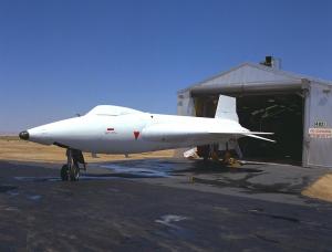 White sealant coats X-15 #2's pink ablative layer. On October 3rd 1967, Col. William "Pete" Knight would pilot this aircraft to a record setting Mach 6.72 (4,520mph). (NASA EC67-1776)