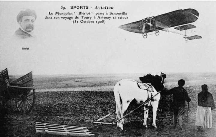 Louis Bleriot flying his Bleriot VIII the 14km from Toury to Artenay and back in October 1908. Note the wingtip roll controls, not dissimilar to the AEA's 'June Bug. (wikipedia)