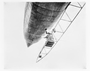 An extraordinary photograph of Santos-Dumont passing the top of the Eiffel Tower in Airship No.5, during his July 13th attempt. (Annual Report of the Smithsonian Inst., 1901)