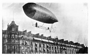 Santos-Dumont's No.9 'Baladeuse' (loosely 'Runabout') of 1903, above the Paris rooftops. (Dans l'Air, 1904)