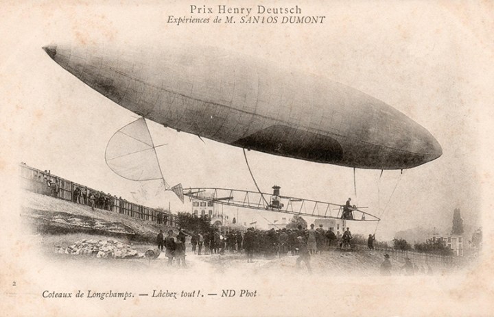 A period postcard showing Airship No.6 during its trials at Longchamps Racecourse, Paris. The caption translates as (On the) Embankments at Longchamps. Let go all! (wikimedia)
