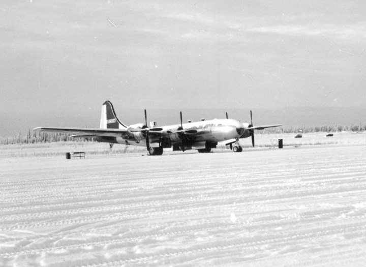 WB-29 #229, one of #214's sisters, wears a blanket of snow Eielson AFB in late 1951. Note the "bug catcher" above the fuselage, and high visibility red tail. (Air Weather Assn | USAF) 