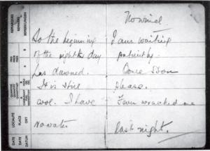 Lancaster's final entry, written on his fuel card after he'd already wrapped his logbook against the elements. (© Estate of Ralph Barker)