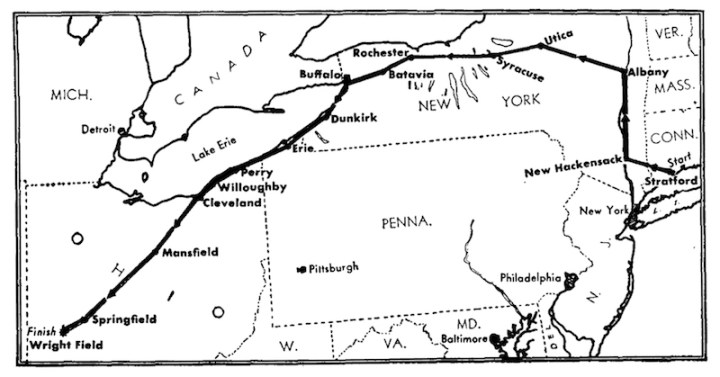 The delivery flight of the Sikorsky XR-4, from Stratford, CT (May 13th, 1942) to Wright Field near Dayton, OH (May 17th, 1942).