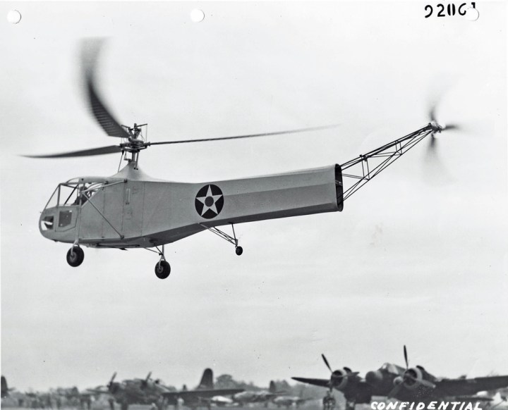 The XR-4 over what could only be Wright Field, given the variety of bomber types parked below. (© 2016 Igor I. Sikorsky Historical Archives, Inc.)