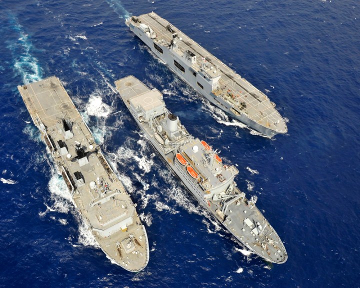 May 12th, 2011, and HMS Ocean (right) is replenished at sea by HMS Albion (left) with RFA Fort Rosalie (centre) off the coast of Cyprus. (Photo: LA(Phot) Guy Poole | Crown Copyright 2011)