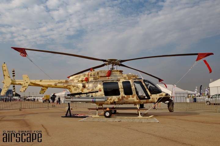 Bell Canada’s well-travelled N407GT appeared at AAD2016 at the start of its latest deployment – combatting rhino poachers for BBM/Rhino 911 in cooperation with Heli Africa Wildlife. (© Niel Swart)