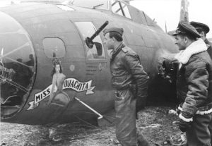 240-victory ace Heinrich Bär inspecting his 184th victim, Douglas-built B-17F 'Miss Ouachita' (42-3040) of the 91st BG, 323 BS, on February 22nd, 1944. (Bundesarchiv, Bild 101I-666-6875-05 / Rothkopf / CC-BY-SA 3.0, via wikipedia) 
